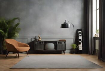 room grey retro wall sofa interior living brick Stylish radio