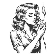 woman in a relaxed pose, smoking a cigarette sketch engraving generative ai fictional character vector illustration. Scratch board imitation. Black and white image. - 796893502