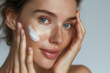 Attractive young woman applying moisturizing anti-aging cream to her face
