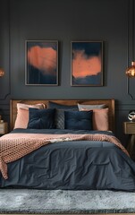 A modern bedroom with dark gray walls, copper accents and pink bed linen