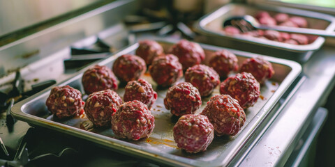 Homemade Raw Meatballs on Baking Tray Ready for Cooking