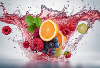 Water swirl wave splash with falling mix berries and fresh fruits isolated on white background Tropi