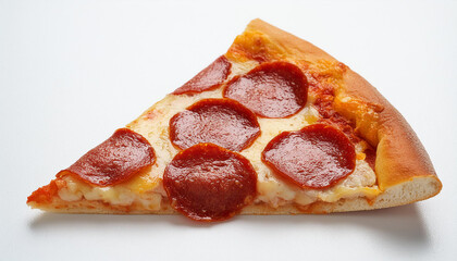 Triangular piece of pepperoni pizza isolated on white background. Tasty fast food. Delicious snack.
