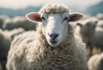 White fluffy sheep farm portrait looking at camera funny moment Farmland background