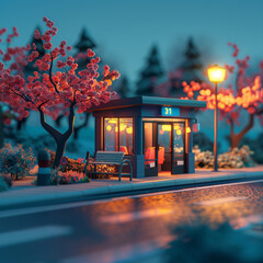 A bus stop at night with a cherry tree in the background.