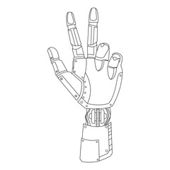 Robot hand gesture peace sign with two fingers. Vector Line art drawing.Artificial intelligence and future technologies.Robotic arm gesture.Bionic robotic or android hand creative illustration