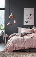 A modern bedroom with dark gray walls, copper details and navy bed linen with coral pink pillows