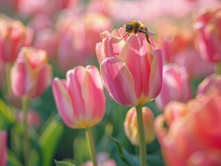 Bees and tulips in spring garden