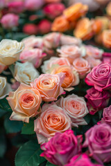Fototapeta premium A bouquet of roses in various colors, including pink, white, and orange
