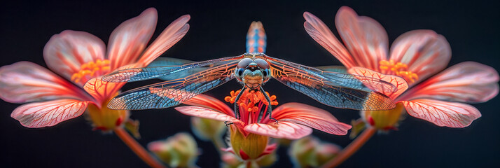 A dragonfly is perched on a flower - Powered by Adobe