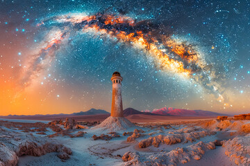 Panoramic view of unique rock formations and a lighthouse under the milky way in the atacama desert, chile