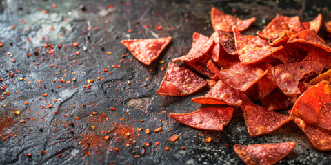 A pile of red tortilla chips on a black counter