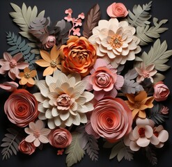 Cut Up Paper Flower Decoration. Handmade Craft Floral Artwork. Handcrafted Blooms. The Artistic Dance of Paper Flowers in Varied Hues. A Celebration of Color and Craftsmanship in a Botanical Decor Art