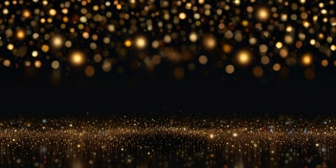 close-up of golden sparkles, reflecting a dazzling array of colorful lights on a black background.