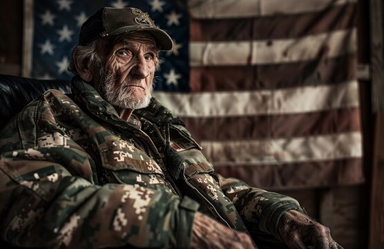 An elderly American veteran in a camouflage jacket and hat sits in his wheelchair with an American flag behind him.