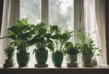 Set of various green plants in potted for interior decoration on window Houseplant gardening