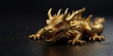 sparkling gold dragon from pile of gold glitter black background.
