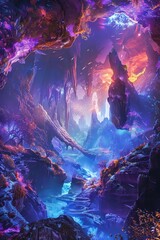 A mystical cave with a river flowing through it. The cave is lit by colorful crystals and there are strange plants growing on the walls.
