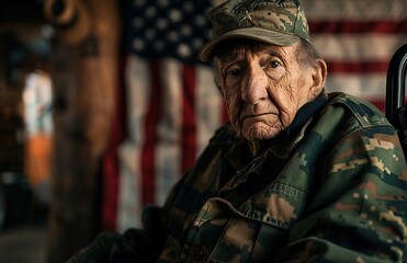 An elderly American veteran in a camouflage jacket and hat sits in his wheelchair with an American flag behind him.