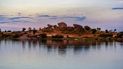 Obraz premium panoramic of the lagoons of Los Barruecos with large granite masses