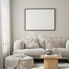 Frame mockup, ISO A paper size. Living room wall poster mockup. Interior mockup with house background. Modern interior design. 3D render
- 796896547