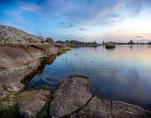 panoramic of the lagoons of Los Barruecos with large granite masses