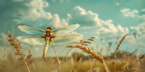 Golden Dragonfly Perched on Wheat in Sunlit Field