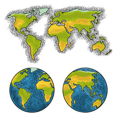 Earth planet globe and map. Vector color vintage engraving illustration isolated on a white background. For web, poster, info graphic. - 796896792