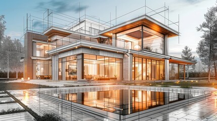 A striking 3D rendering of a luxurious villa, seamlessly blending detailed realistic visuals with a contrasting wireframe design, including ample copy space for customization