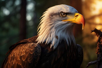Naklejka premium A majestic bald eagle in the forest, bathed by golden sunlight, with detailed feathers and piercing eyes.