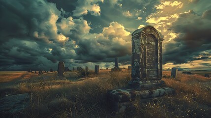 In the heart of an ancient cemetery, weathered tombstones stand sentinel beneath a sky heavy with...
