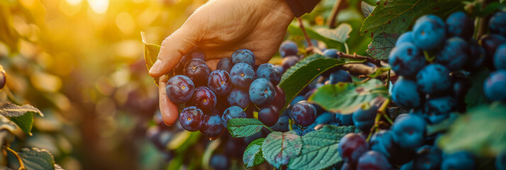 A hand is reaching for a bunch of blue grapes