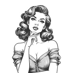 pin-up girl, thoughtfully posing with her hand on her chin sketch engraving generative ai fictional character vector illustration. Scratch board imitation. Black and white image. - 796898300