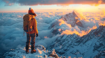 A woman standing on a snowy mountaintop, conquering the summit and reveling in the exhilaration of high-altitude exploration.