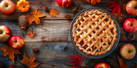 A pie with lattice crust is on a wooden table with apples and leaves - Powered by Adobe