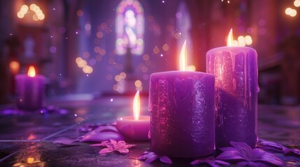 Enchanted Evening: Purple Candles and Bokeh Lights in Magical Ambiance