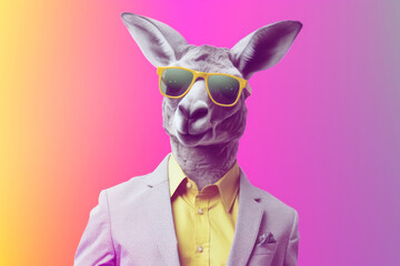 Creative funky portrait of a man with kangaroo head. Conceptual modern art.