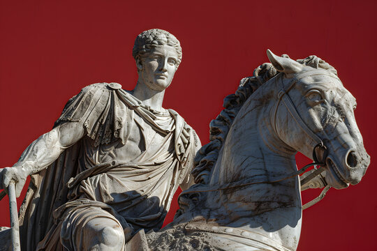 A finely chiseled statue of a Greek charioteer, reins in hand, on a victory lap crimson background, reflecting the grandeur of the Olympic chariot races