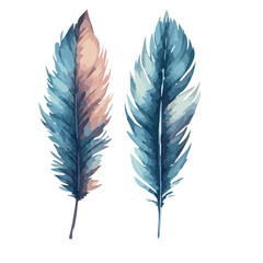 Blue feather watercolor vector illustration isolated on transparent background