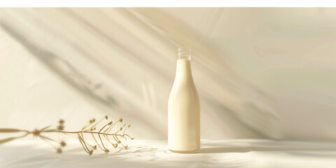 glass milk bottle on clean white beige background on a table natural light AI Generated