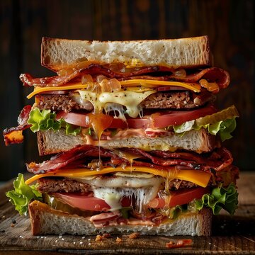 Un rico emparedado de varios pisos, con mucha carne y jam&oacute;n 