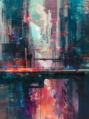 Futuristic Watercolor Metropolis with Vibrant Architectural Skyline and Captivating Reflections