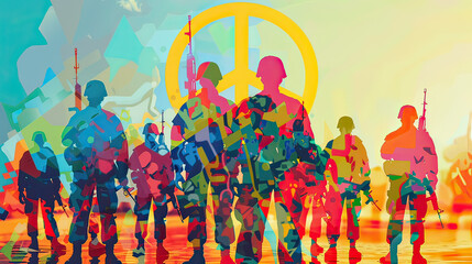 Colorful, abstract artwork juxtaposing military silhouettes with a prominent peace symbol, conveying a powerful message of hope and conflict.