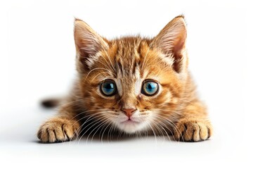 An adorable kitten with striped fur sits in a playful pose, its cute expression capturing attention.