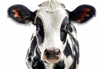 A curious white cow stands isolated on white background.