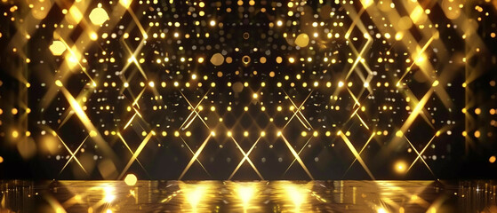 Bright empty stage illuminated by golden lights, glitter and bokeh. Abstract minimalistic bright trendy podium background for fashion show, awards and presentation