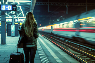 A train station. There is a woman with a bag waiting for the train