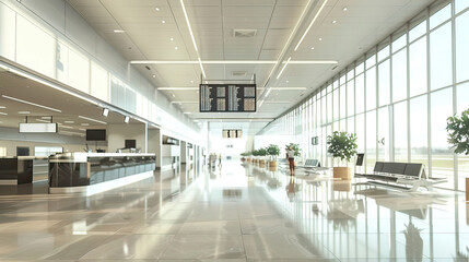 Spacious and modern airport terminal hall with natural lighting and a flight information display board.