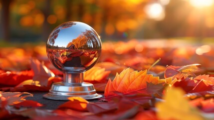   A mirror ball atop a metal stand, encircled by autumn leaves in a sunlit park Sun rays filtering through the trees