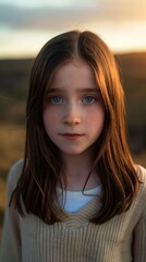 Fototapeta premium child, Girl, Innocence, Portrait, Blue Eyes, Freckles, Sunset, Glow, Serenity, Youth, Natural, Beauty, Contemplation